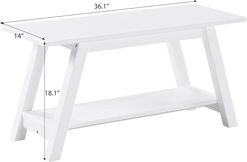 Roundhill Furniture Elyz Solid Wood Bench with Shelf, 36.10-Inch Long, White