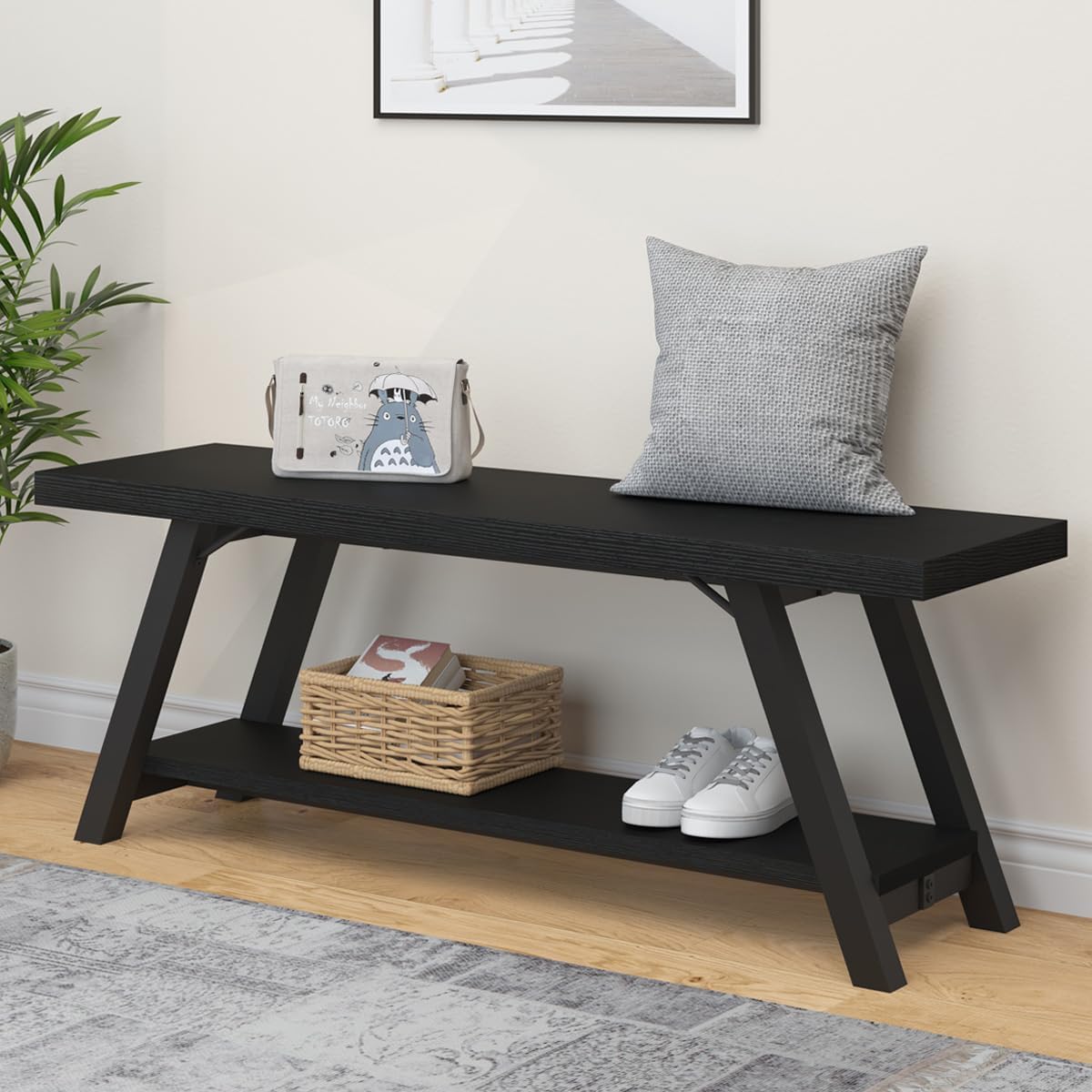LVB Rustic Entryway Bench, Farmhouse Wood Indoor Shoe Bench with Storage in Bedroom End of Bed, Industrial Metal Foyer Shoe Rack Bench Seating for Hallway Living Dining Room, White Rustic Oak, 47 Inch