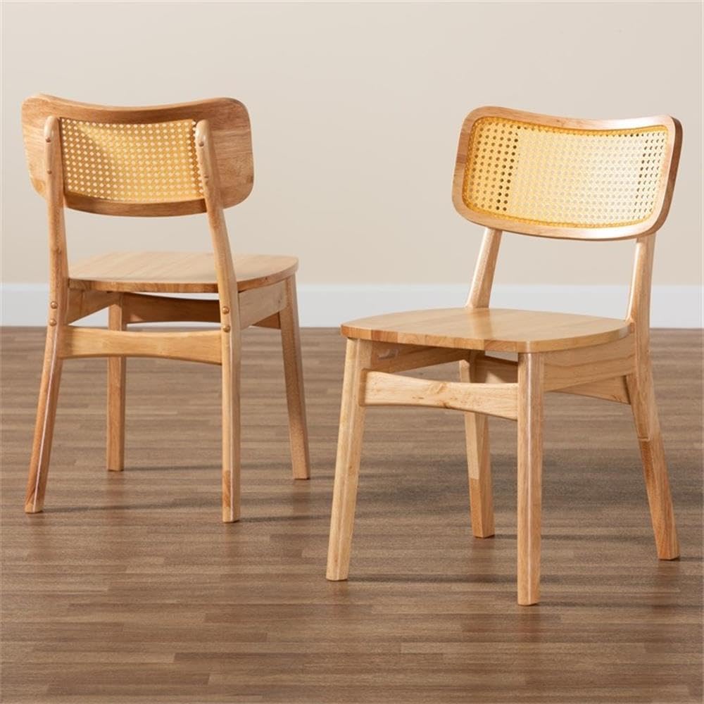 Baxton Studio Tadeo 17.7" Wood and Rattan Dining Chair in Oak Brown (Set of 2)