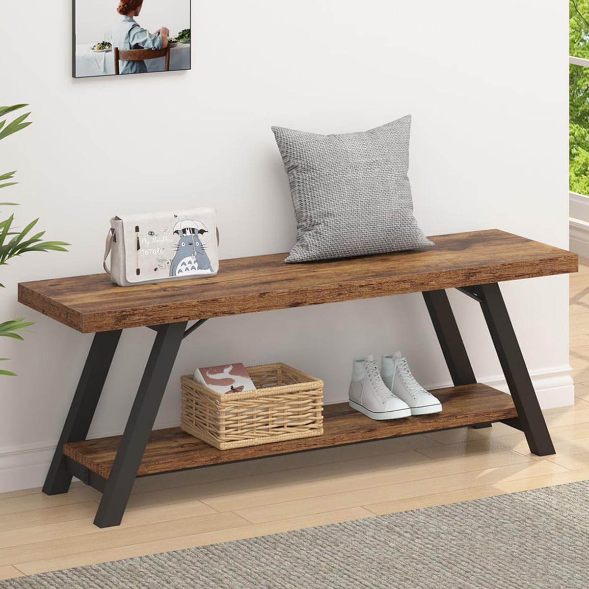 LVB Rustic Entryway Bench, Farmhouse Wood Indoor Shoe Bench with Storage in Bedroom End of Bed, Industrial Metal Foyer Shoe Rack Bench Seating for Hallway Living Dining Room, White Rustic Oak, 47 Inch