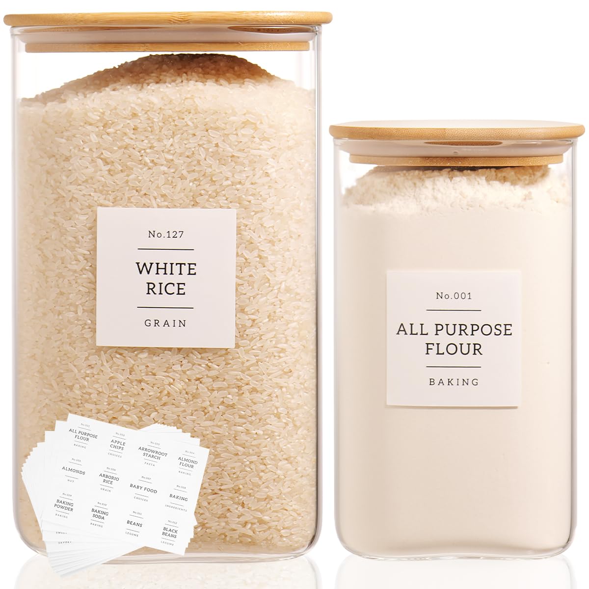 5 Pack Square Glass Pantry Storage Containers with 132 Kitchen Food Pantry Labels - Clear Glass Pantry Jars with Airtight Wood Bamboo Lids - Glass Canisters for Pasta, Cereal, Coffee, Flour, Sugar