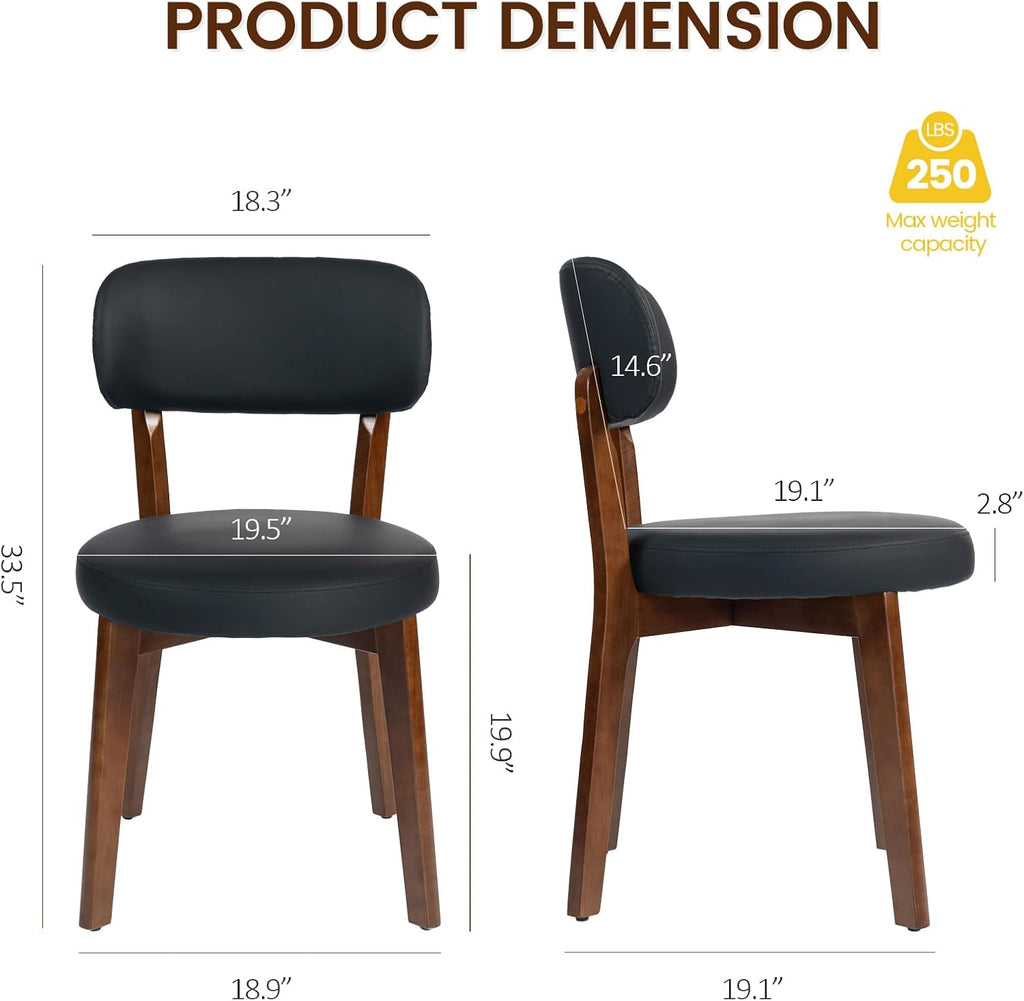 Yilaywain Mid-Century Modern Dining Chairs with Rubberwood Frame, Black Faux Leather Upholstered, 250 LBS Weight Capacity, Anti-Slip Protectors (Black)