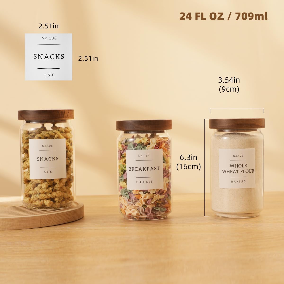 6 Pack Glass Canisters with Airtight Acacia Lids and 132 Kitchen Pantey Labels Preprint - 24 Fl Oz Borosilicate Glass Pantry Storage Jars Containers with Wooden Lids for Tea,Sugar,Cookie,Coffee,Candy