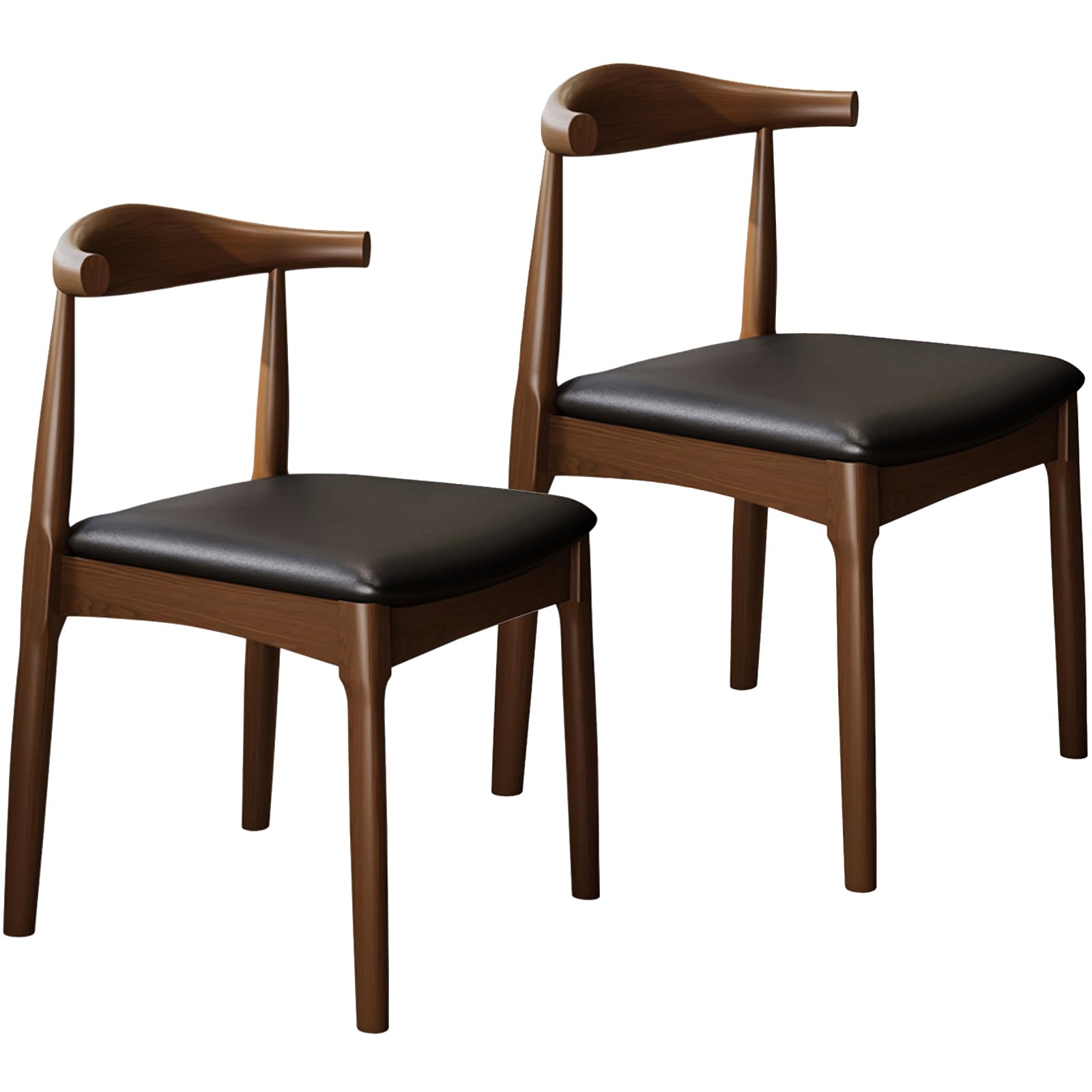 Solid Wood Dining Chair with Walnut Finish Set of 2 Mid Century Modern Upholstered PU Leather Dining Chairs with Curved Backrest for Dining Room, Kitchen, Study Room, Walnut Color