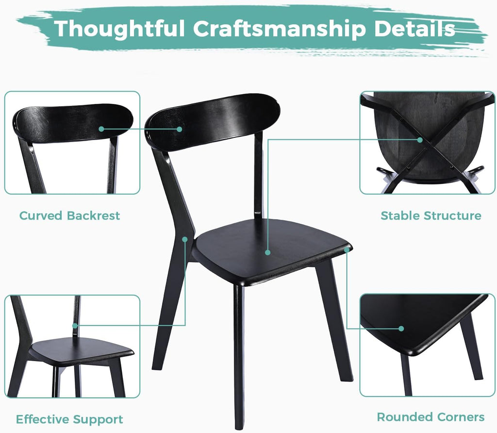 Solid Wood Dining Chairs Set of 2, Mid Century Modern Dining Room Chairs with Curved Backrest, Wooden Armless Kitchen Chairs for Dining Room, Space Saving, Black