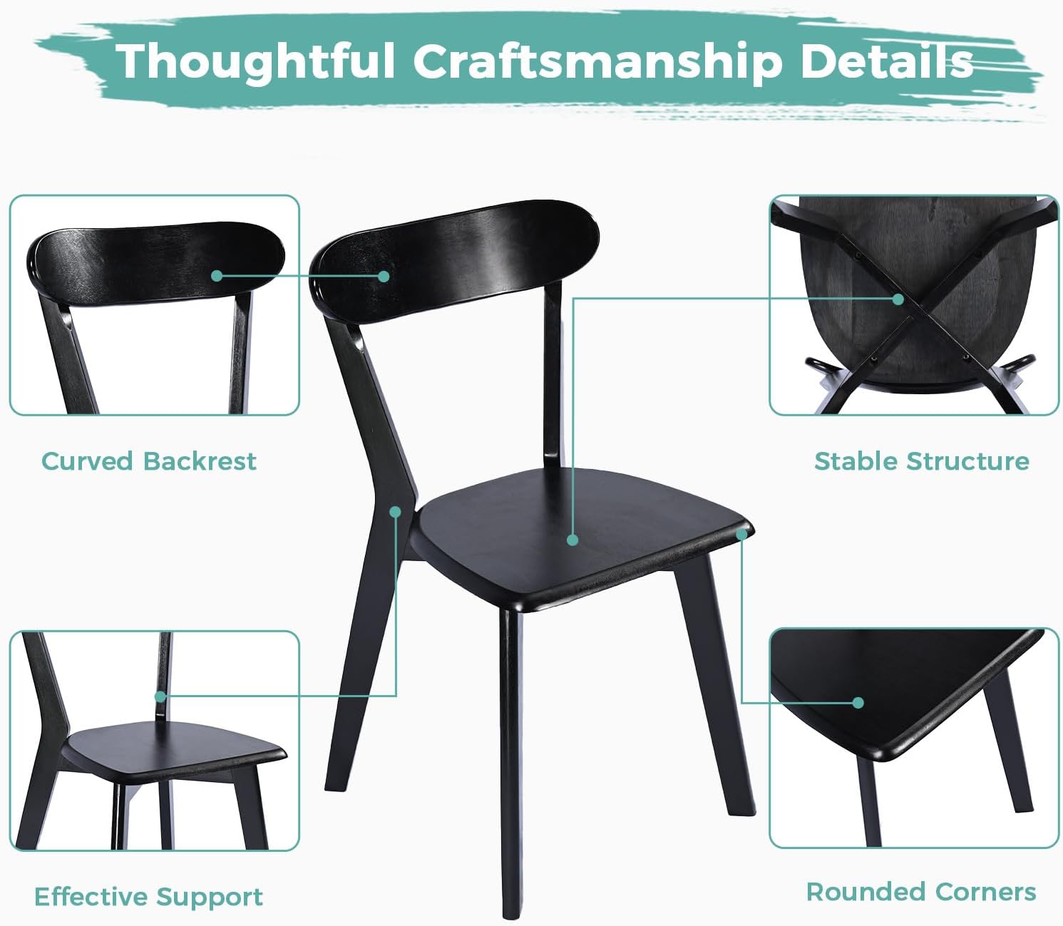 Solid Wood Dining Chairs Set of 2, Mid Century Modern Dining Room Chairs with Curved Backrest, Wooden Armless Kitchen Chairs for Dining Room, Space Saving, Black
