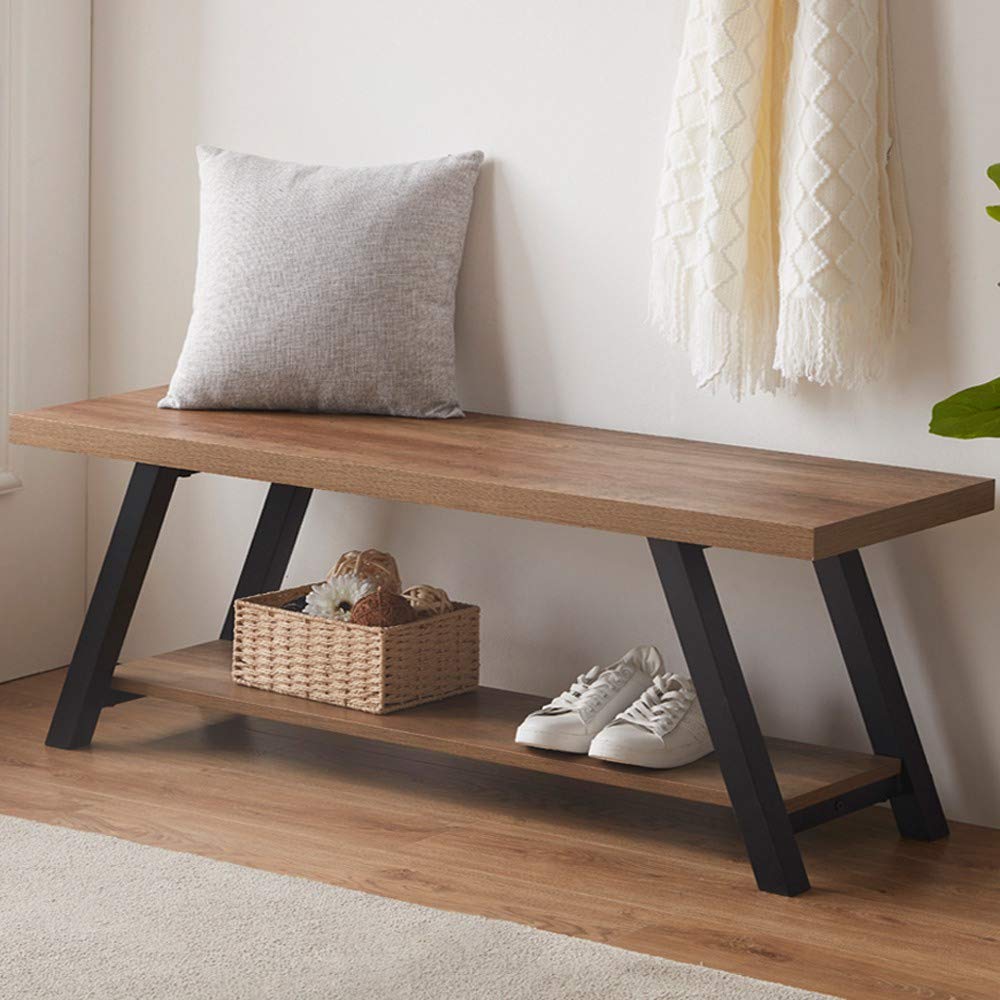 LVB Rustic Entryway Bench, Farmhouse Wood Indoor Shoe Bench with Storage in Bedroom End of Bed, Industrial Metal Foyer Shoe Rack Bench Seating for Hallway Living Dining Room, White Rustic Oak, 47 Inch