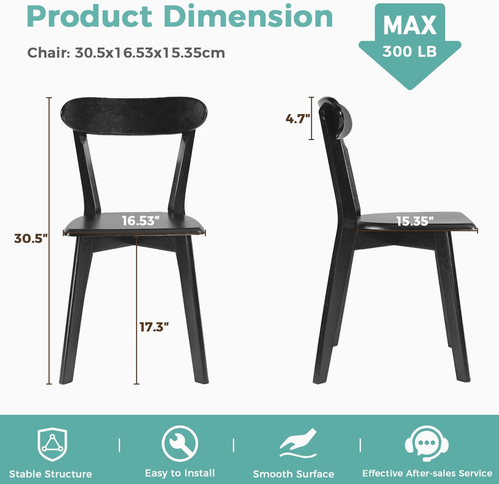 Solid Wood Dining Chairs Set of 2, Mid Century Modern Dining Room Chairs with Curved Backrest, Wooden Armless Kitchen Chairs for Dining Room, Space Saving, Black