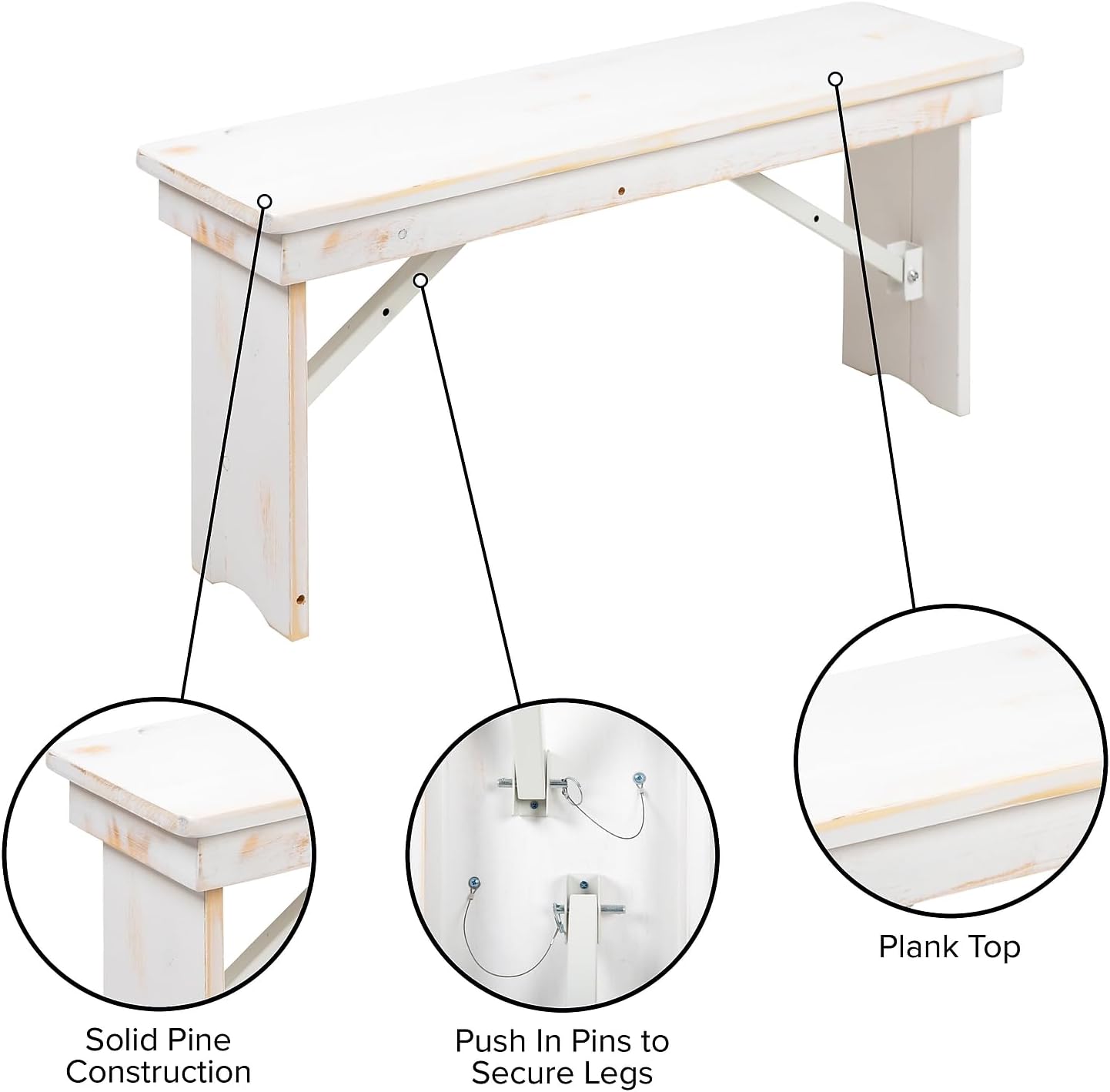 Flash Furniture HERCULES Series 40" x 12" Antique Rustic White Solid Pine Folding Farm Bench