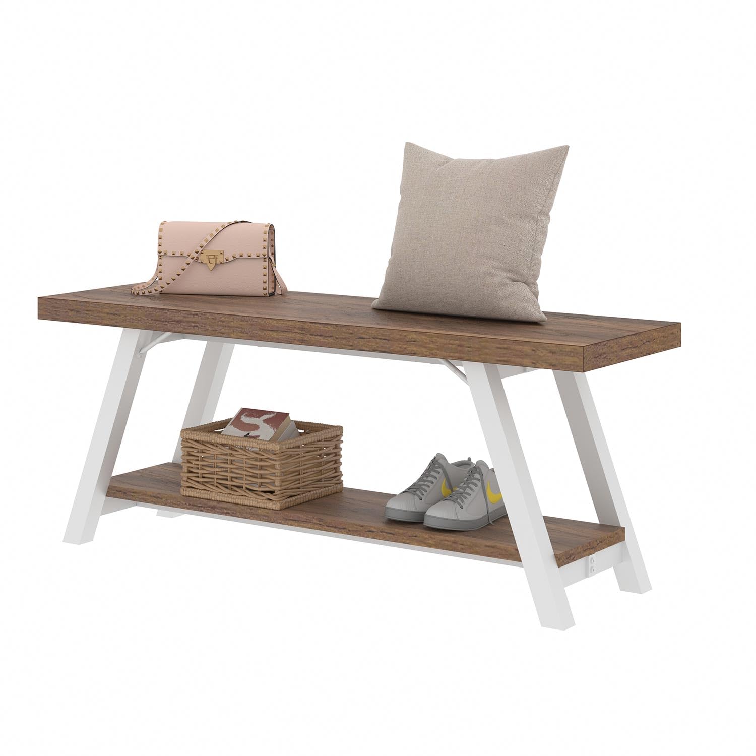 LVB Rustic Entryway Bench, Farmhouse Wood Indoor Shoe Bench with Storage in Bedroom End of Bed, Industrial Metal Foyer Shoe Rack Bench Seating for Hallway Living Dining Room, White Rustic Oak, 47 Inch