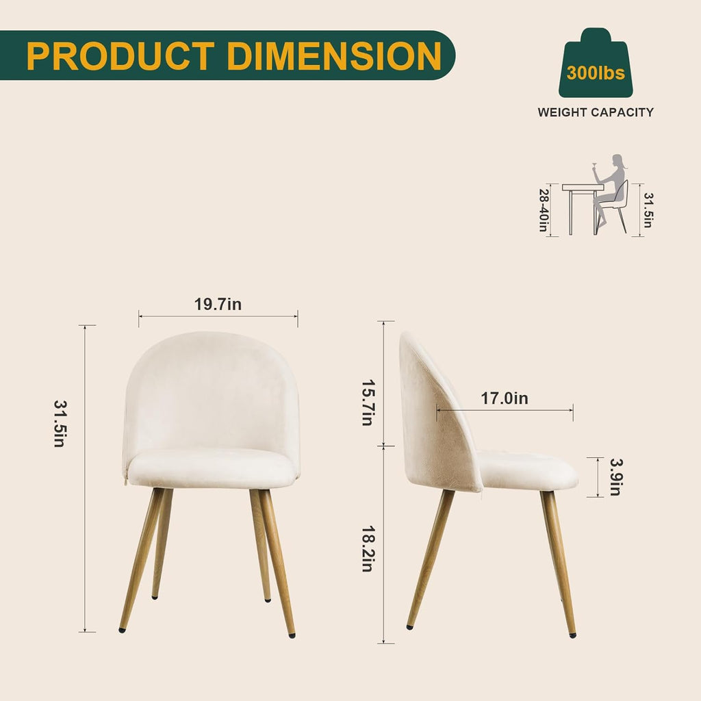 Dining Chairs Set of 2, Velvet Comfortable Seats, Mid-Century Modern Living Room Chairs, Upholstered Kitchen Chairs with Wooden Legs and Padded Seat for Bedroom Office Easy Assembly, Beige
