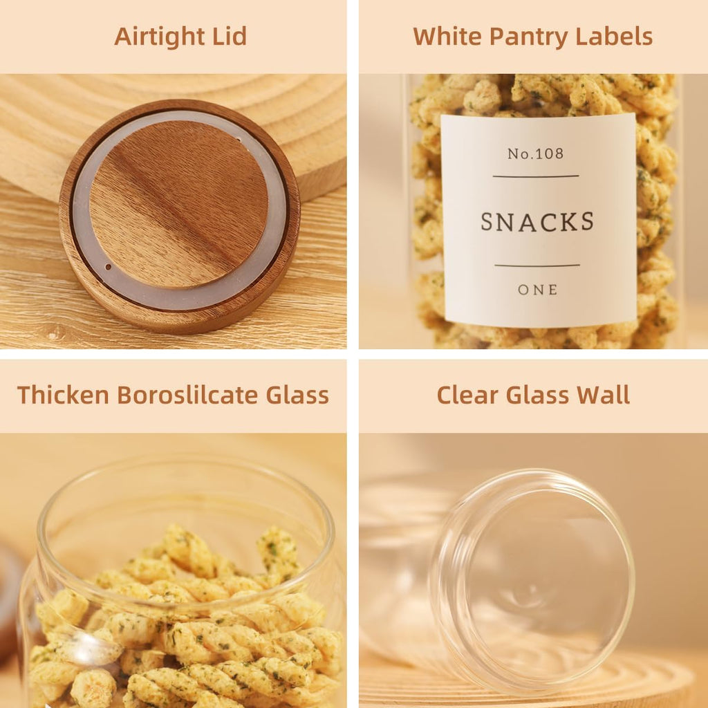 6 Pack Glass Canisters with Airtight Acacia Lids and 132 Kitchen Pantey Labels Preprint - 24 Fl Oz Borosilicate Glass Pantry Storage Jars Containers with Wooden Lids for Tea,Sugar,Cookie,Coffee,Candy