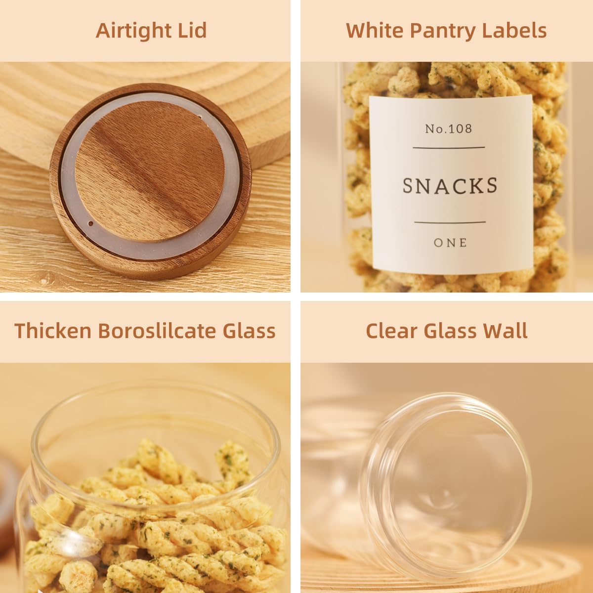 6 Pack Glass Canisters with Airtight Acacia Lids and 132 Kitchen Pantey Labels Preprint - 24 Fl Oz Borosilicate Glass Pantry Storage Jars Containers with Wooden Lids for Tea,Sugar,Cookie,Coffee,Candy