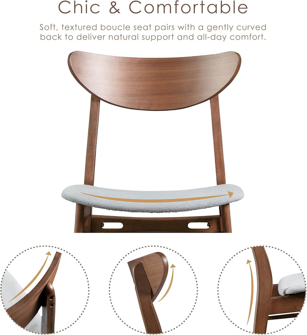 Furniture of America Beck Mid-Century Modern Dining Chairs Set of 2, Solid Wood with Curved Backrest and Angled Legs, Boucle Fabric Padded Seat for Dinner Room, Kitchen, or Living Space, Walnut Brown