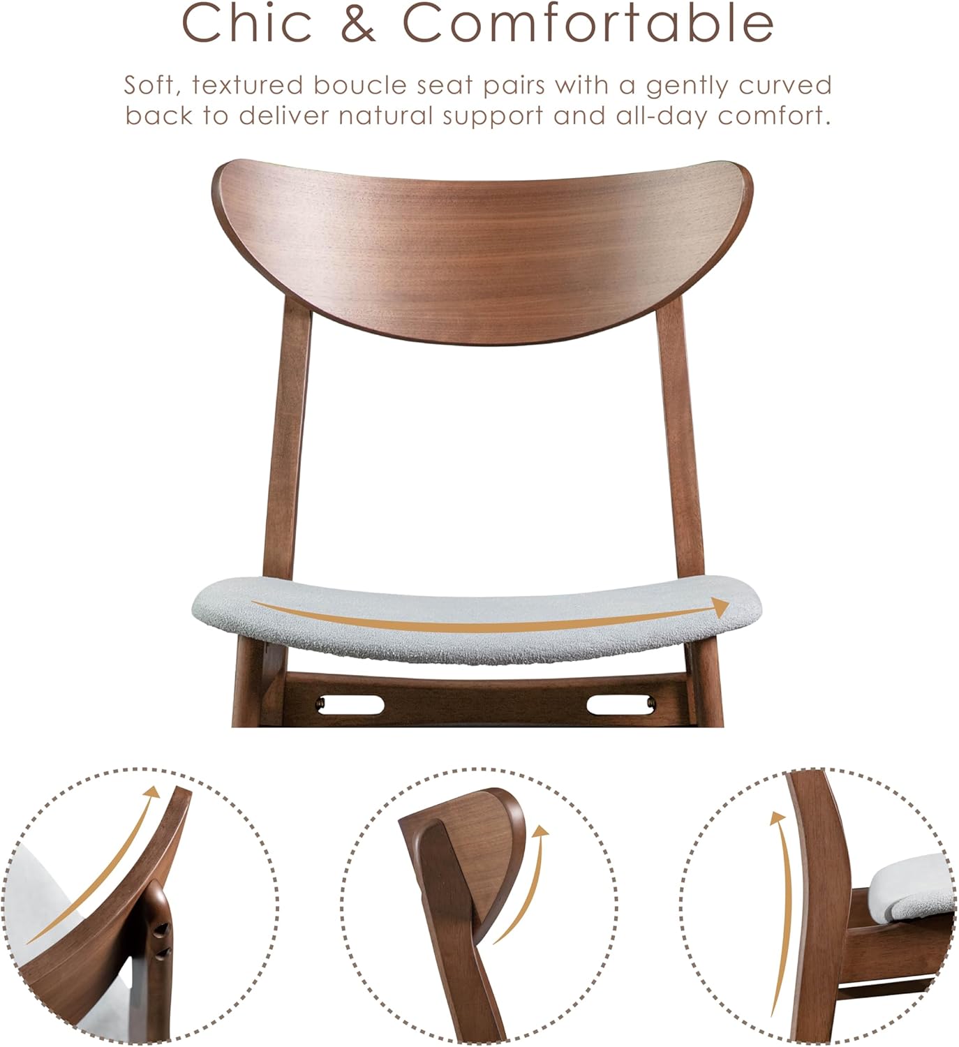 Furniture of America Beck Mid-Century Modern Dining Chairs Set of 2, Solid Wood with Curved Backrest and Angled Legs, Boucle Fabric Padded Seat for Dinner Room, Kitchen, or Living Space, Walnut Brown