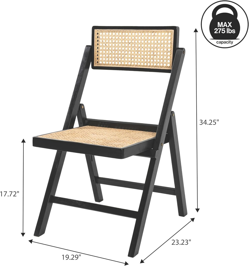 JONATHAN Y Mid-Century Vintage Wood Rattan Folding Chair, Foldable Dining Accent Seat for Living Room, Set of 2, Black (FLD1000C-SET2)