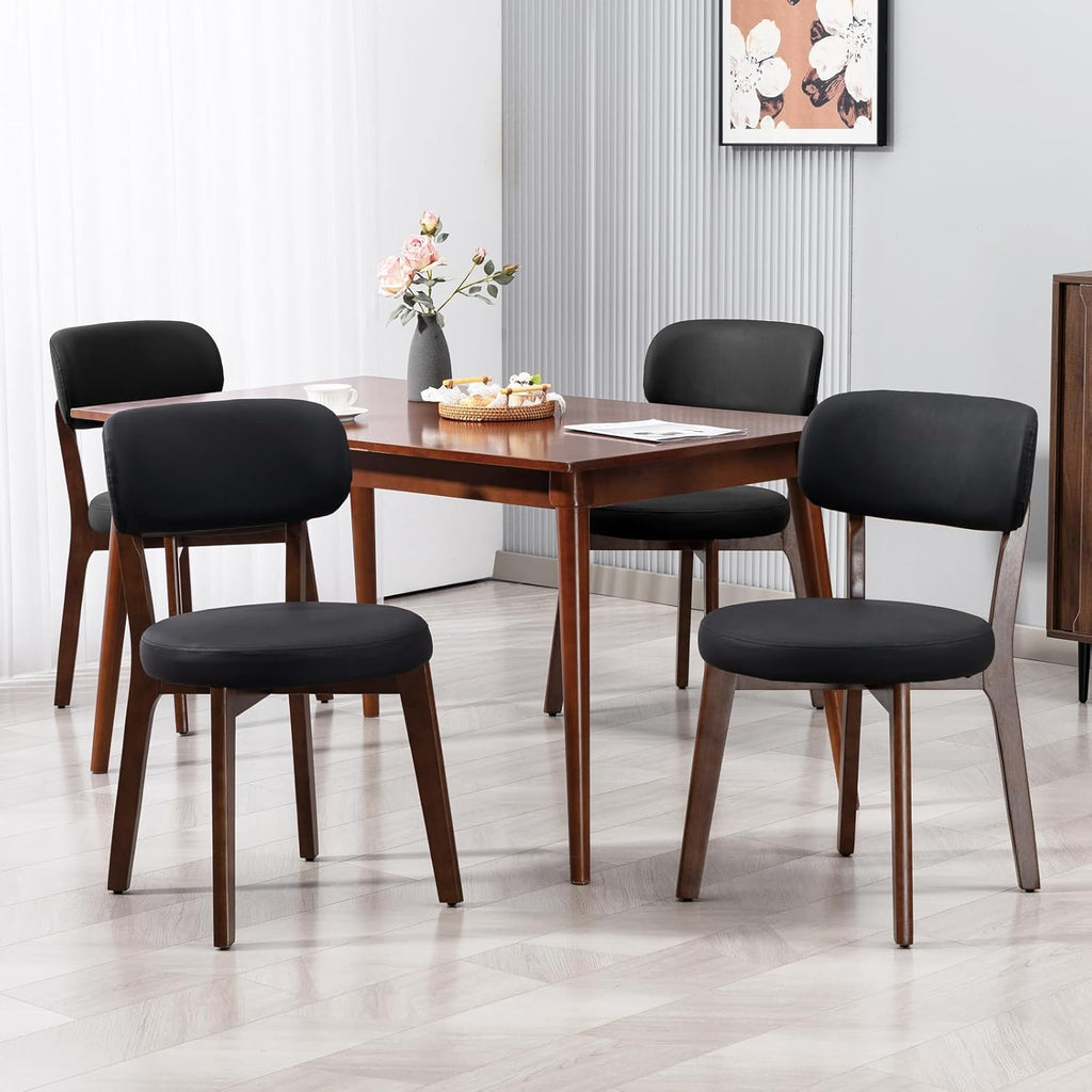 Yilaywain Mid-Century Modern Dining Chairs with Rubberwood Frame, Black Faux Leather Upholstered, 250 LBS Weight Capacity, Anti-Slip Protectors (Black)