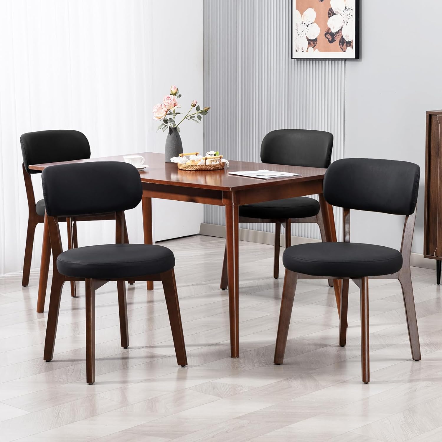 Yilaywain Mid-Century Modern Dining Chairs with Rubberwood Frame, Black Faux Leather Upholstered, 250 LBS Weight Capacity, Anti-Slip Protectors (Black)