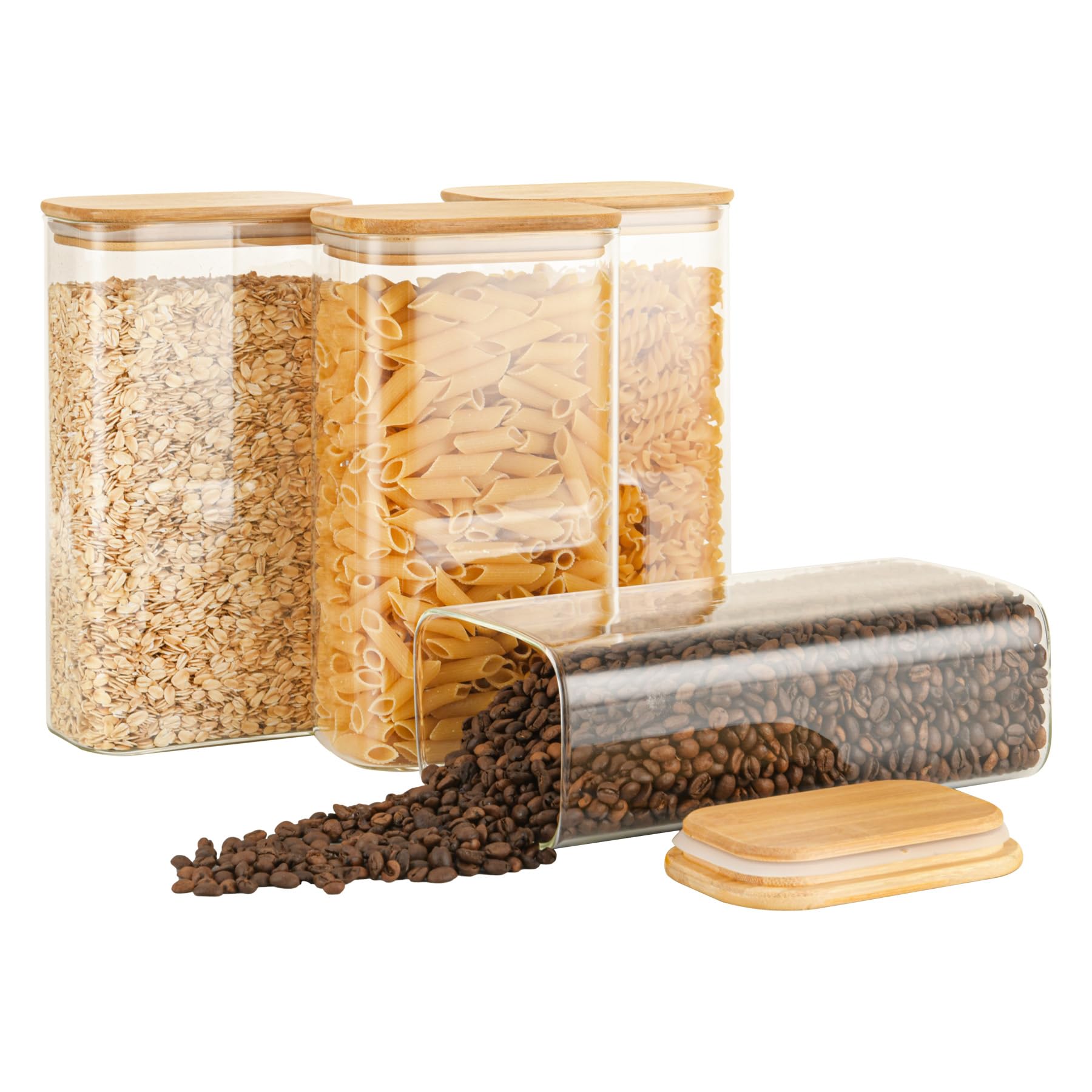 D2scrma 37oz Rectangle Airtight Glass Storage Containers with Bamboo Lids (Set of 6), Square Food Storage Jar, Pantry Organizers for Cereal, Nuts, Snacks and Coffee beans (‎with Black Lable)