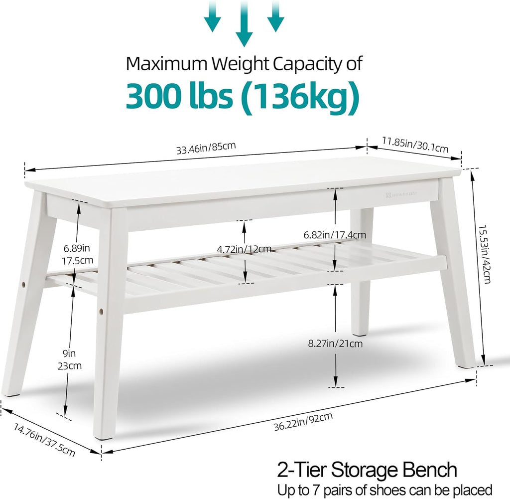 Nnewvante 33.46" White Storage Bench, Bamboo Entryway Bench for Hallway, Living Room, Bedroom, Wood Shoe Rack Wooden Outdoor Bench, Holds up to 300 lbs