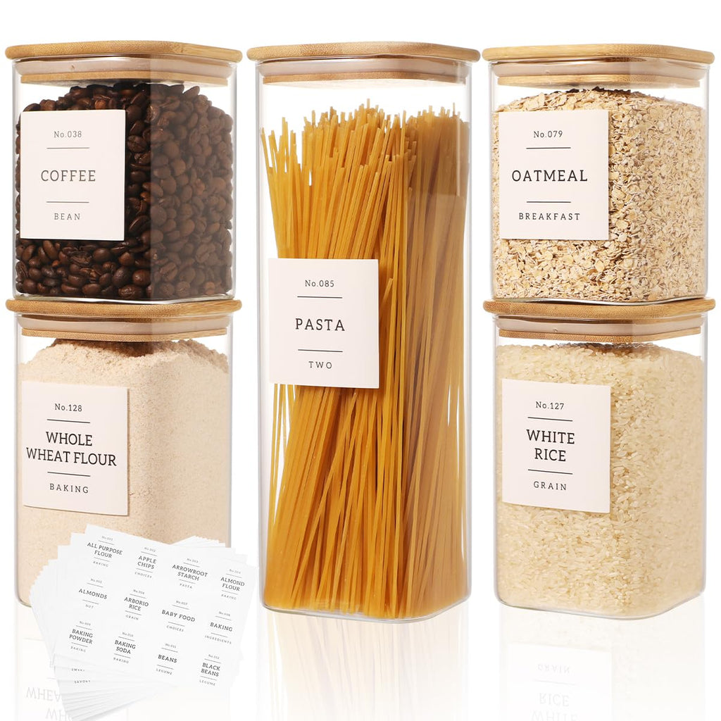 5 Pack Square Glass Pantry Storage Containers with 132 Kitchen Food Pantry Labels - Clear Glass Pantry Jars with Airtight Wood Bamboo Lids - Glass Canisters for Pasta, Cereal, Coffee, Flour, Sugar