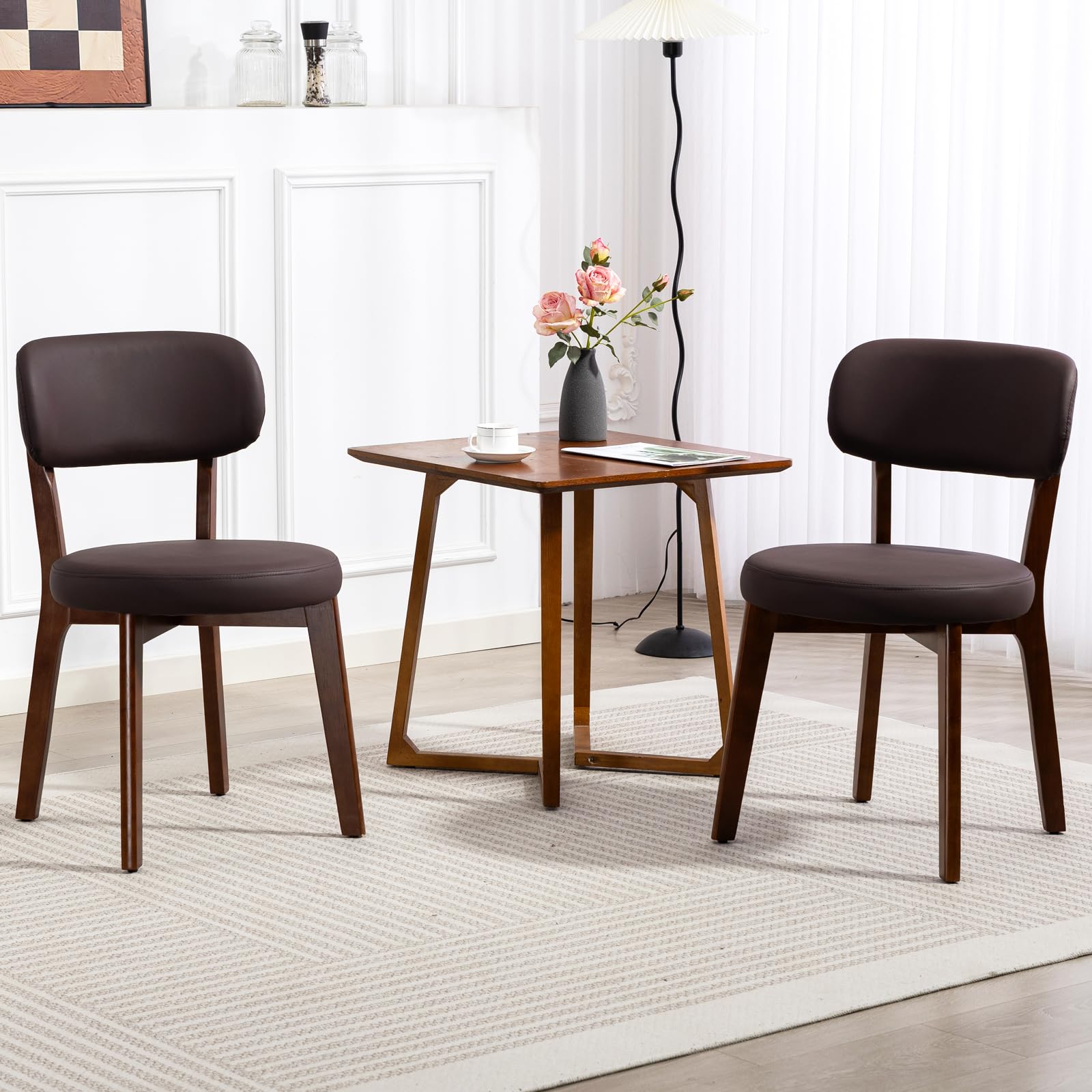 Yilaywain Mid-Century Modern Dining Chairs with Rubberwood Frame, Black Faux Leather Upholstered, 250 LBS Weight Capacity, Anti-Slip Protectors (Black)