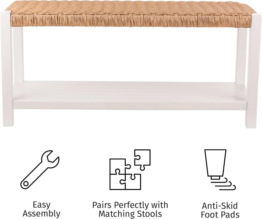 Alaterre Furniture Bench with Handcrafted Woven Rope Seat - Newport Collection 40-Inch Wood Bench with Storage Shelf for Entryway or Hallway - Indoor Furniture (White)
