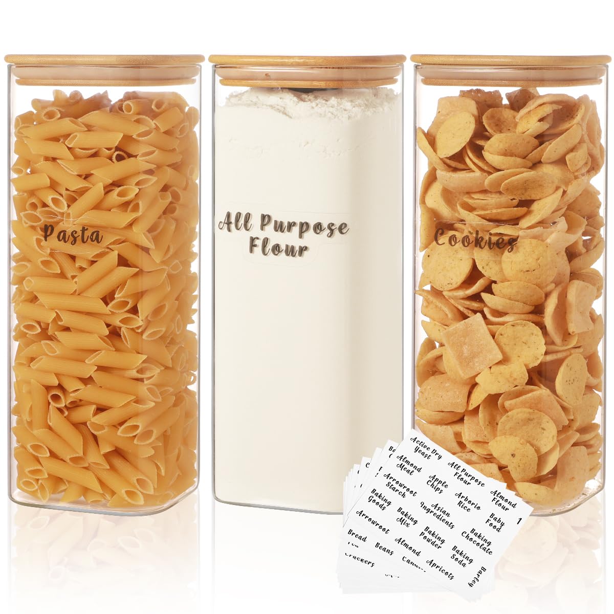 6 Pcs Square Glass Pantry Storage Containers with Bamboo Airtight Lid and 248 Clear Pantry Labels Preprinted - 37oz Thicken Glass Food Storage Jars for Coffee, Cookie, Tea, Sugar, Spice