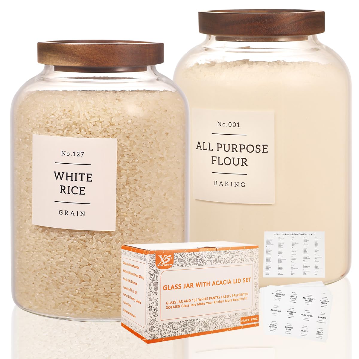 6 Pack Glass Canisters with Airtight Acacia Lids and 132 Kitchen Pantey Labels Preprint - 24 Fl Oz Borosilicate Glass Pantry Storage Jars Containers with Wooden Lids for Tea,Sugar,Cookie,Coffee,Candy