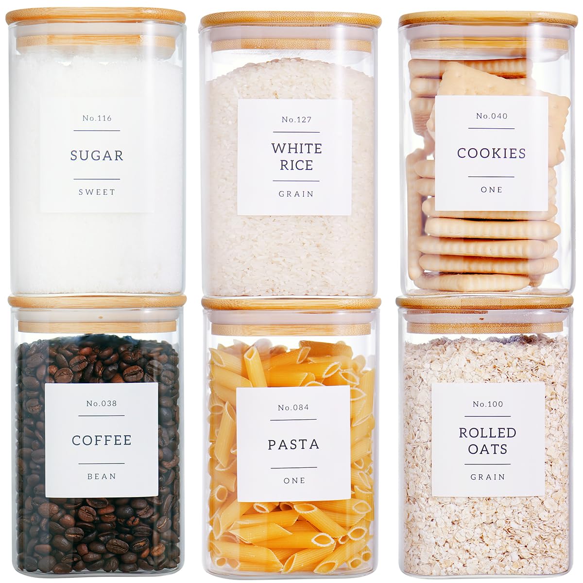 CZZGSM 6 Pack Square Kitchen Storage Jars with Airtight Bamboo Lids and 132 Pantry Labels - 35oz Glass Canisters With Wood Lids - Food Storage Containers for Coffee, Cookie, Tea, Spice