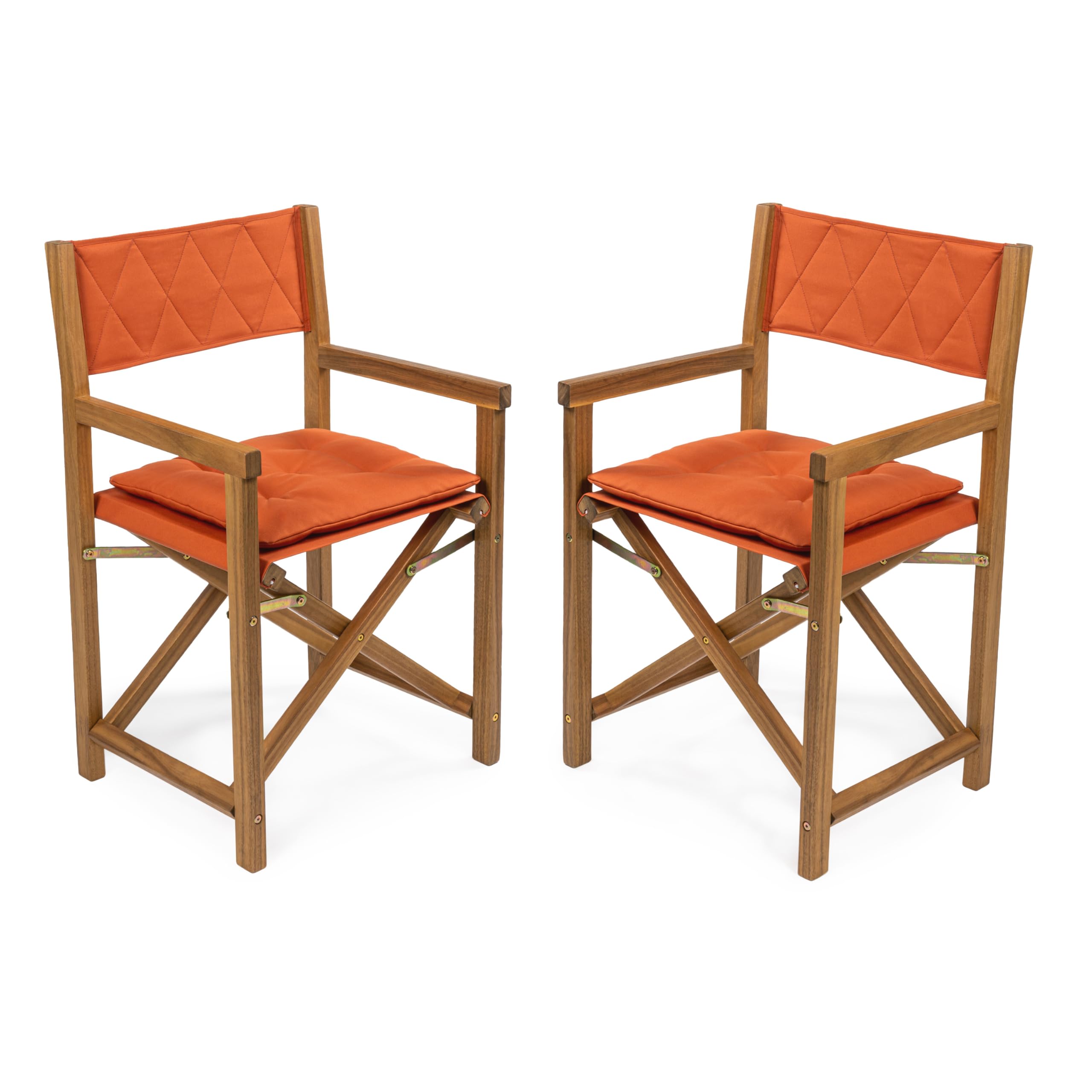 JONATHAN Y DRC1002B-SET2 Waldo Classic Mid-Century Outdoor Acacia Wood Foldable Diamond-Quilted Back Director Chair with Cushion Modern, Vintage, Bohemian, Coastal, Orange/Teak Brown (Set of 2)