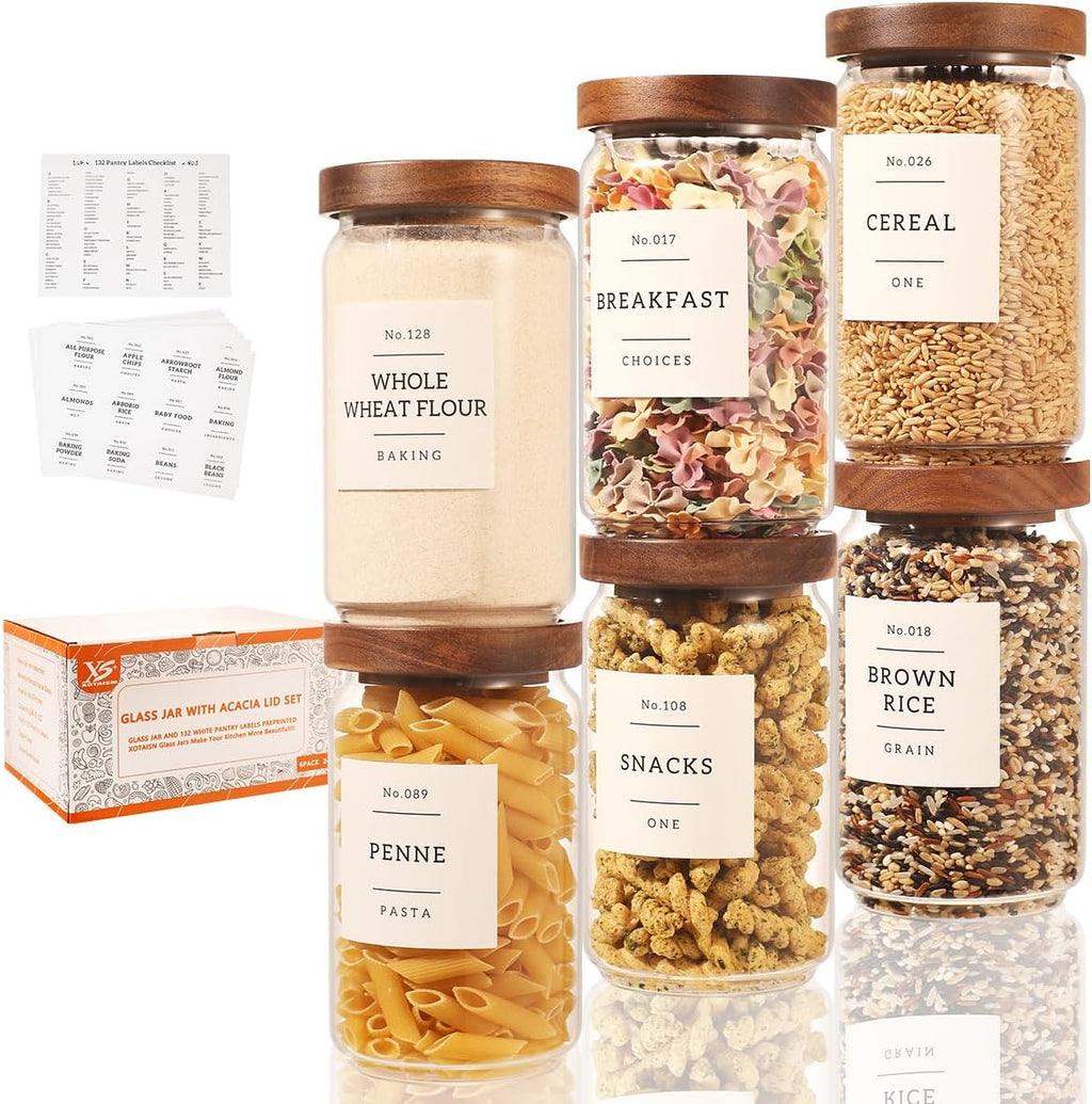6 Pack Glass Canisters with Airtight Acacia Lids and 132 Kitchen Pantey Labels Preprint - 24 Fl Oz Borosilicate Glass Pantry Storage Jars Containers with Wooden Lids for Tea,Sugar,Cookie,Coffee,Candy