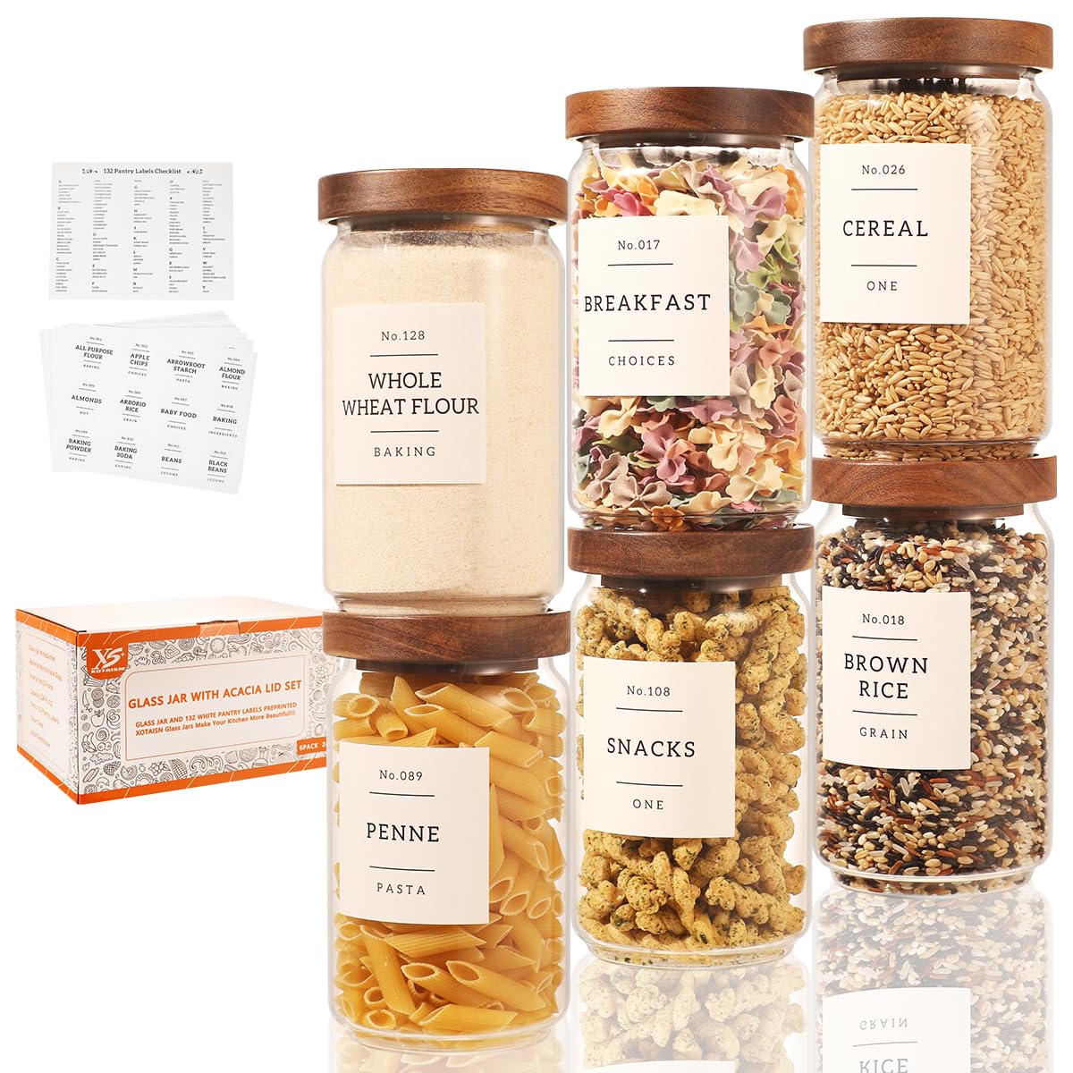 6 Pack Glass Canisters with Airtight Acacia Lids and 132 Kitchen Pantey Labels Preprint - 24 Fl Oz Borosilicate Glass Pantry Storage Jars Containers with Wooden Lids for Tea,Sugar,Cookie,Coffee,Candy