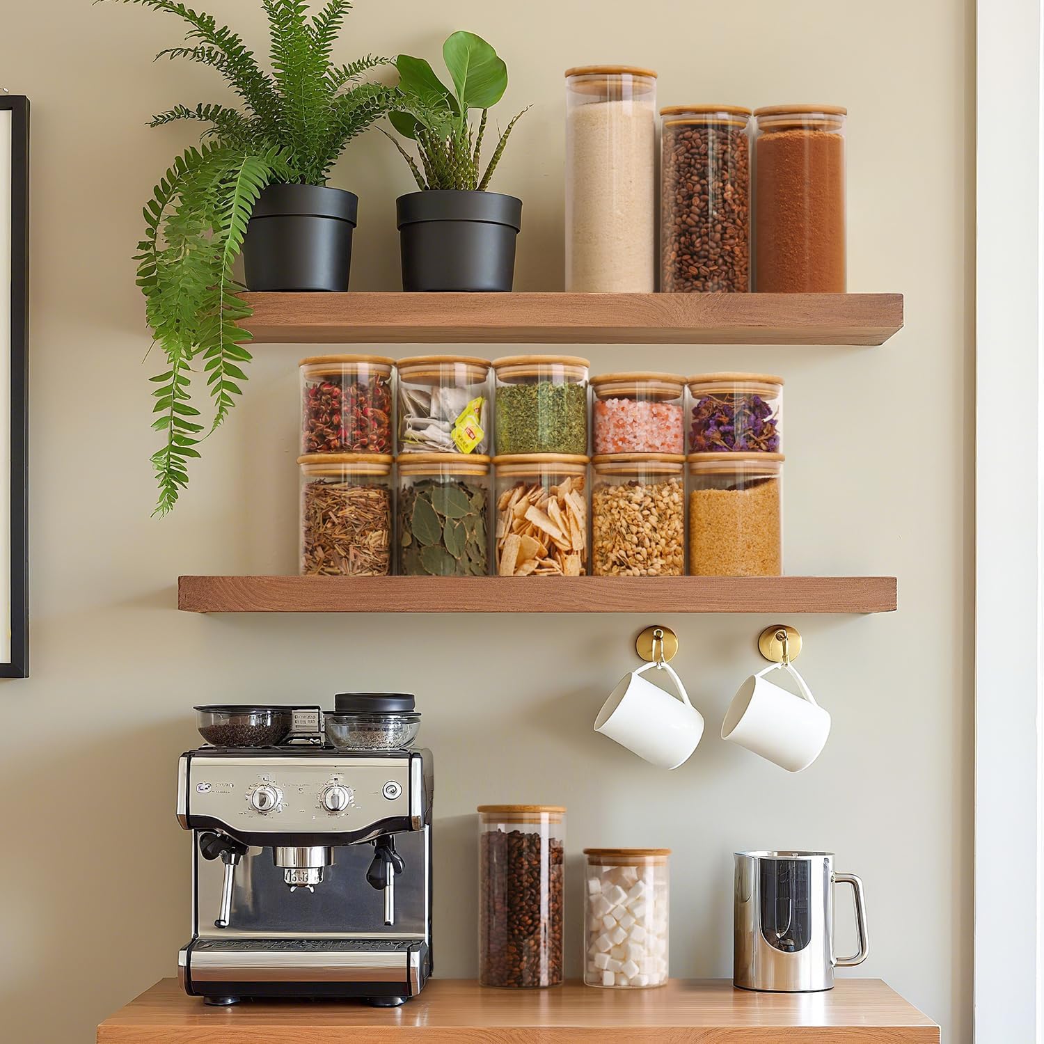 ComSaf Glass Food Storage Jars Set of 6, Tall Glass Storage Containers with Lids, Spaghetti Jar, Canisters Set for the kitchen, Pasta, Flour, Nuts, Oat, Coffee and Sugar Container, Pantry Organization