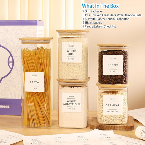 5 Pack Square Glass Pantry Storage Containers with 132 Kitchen Food Pantry Labels - Clear Glass Pantry Jars with Airtight Wood Bamboo Lids - Glass Canisters for Pasta, Cereal, Coffee, Flour, Sugar