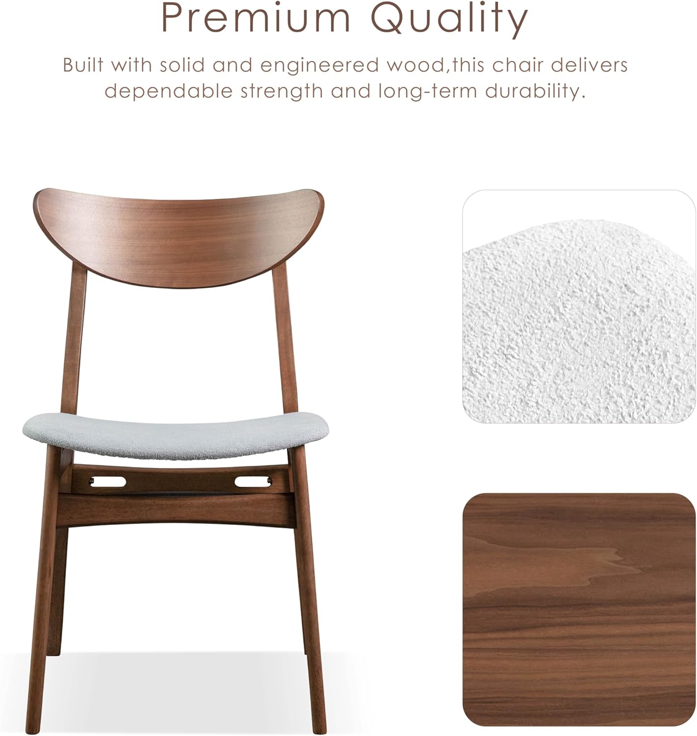 Furniture of America Beck Mid-Century Modern Dining Chairs Set of 2, Solid Wood with Curved Backrest and Angled Legs, Boucle Fabric Padded Seat for Dinner Room, Kitchen, or Living Space, Walnut Brown