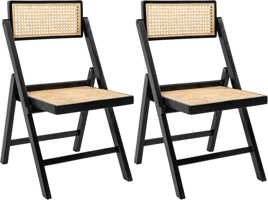 JONATHAN Y Mid-Century Vintage Wood Rattan Folding Chair, Foldable Dining Accent Seat for Living Room, Set of 2, Black (FLD1000C-SET2)