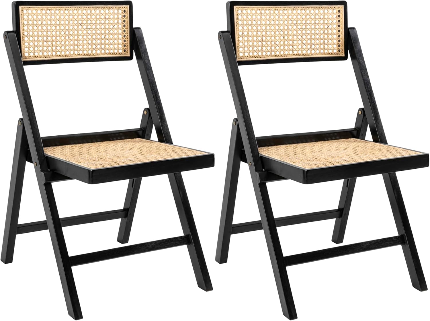 JONATHAN Y Mid-Century Vintage Wood Rattan Folding Chair, Foldable Dining Accent Seat for Living Room, Set of 2, Black (FLD1000C-SET2)