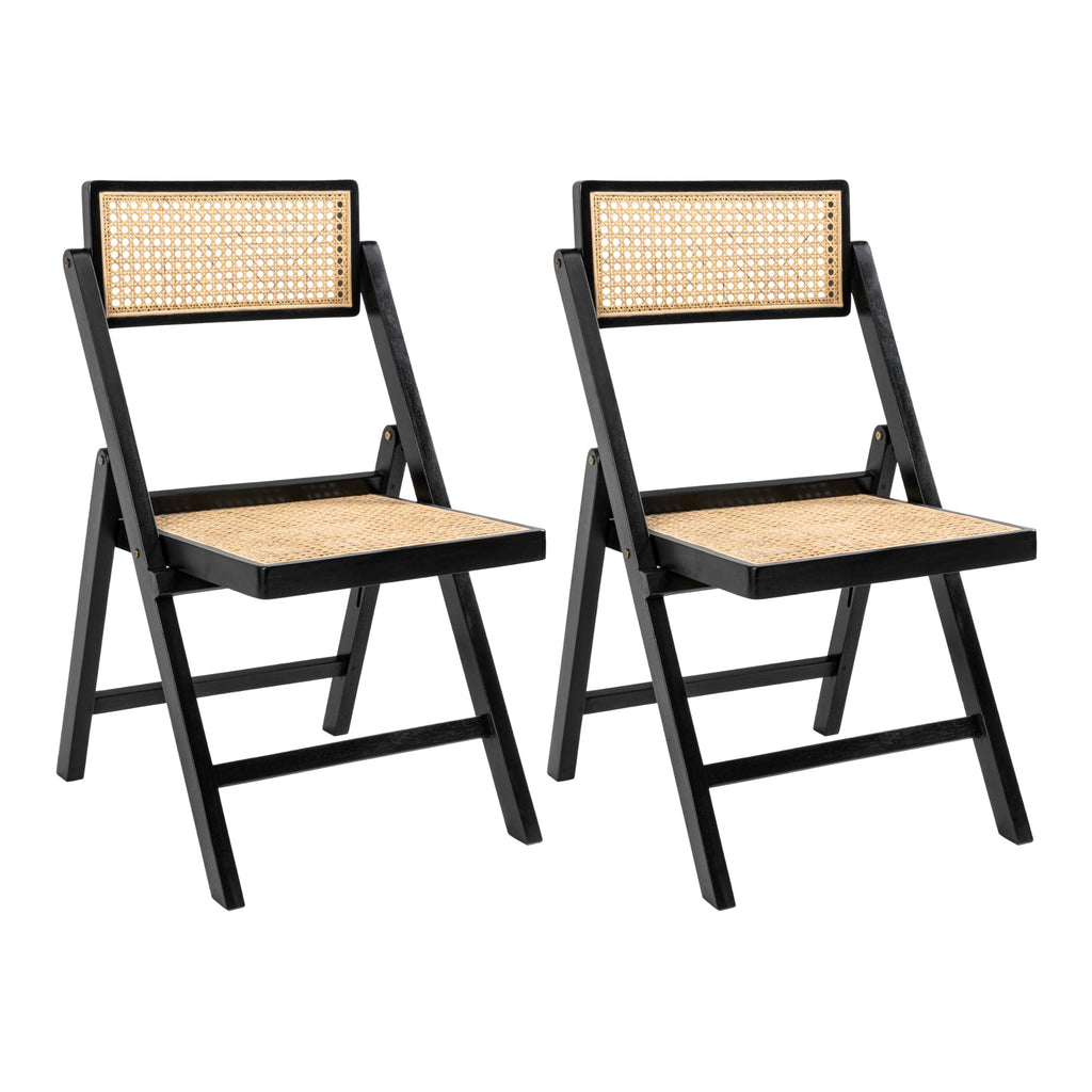 JONATHAN Y Mid-Century Vintage Wood Rattan Folding Chair, Foldable Dining Accent Seat for Living Room, Set of 2, Black (FLD1000C-SET2)
