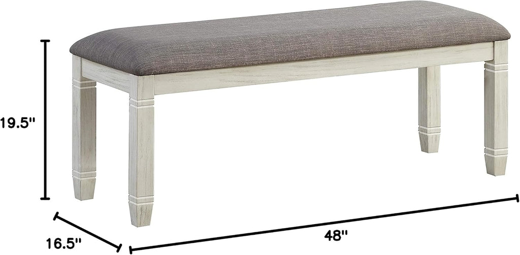 Lexicon Dining Bench with Padded Seat and Wooden Frame, 48" W Entryway Bench, Gray Textured Fabric Upholstered Dining Seat for Kitchen/Living Room, Easy Assembly, Antique White