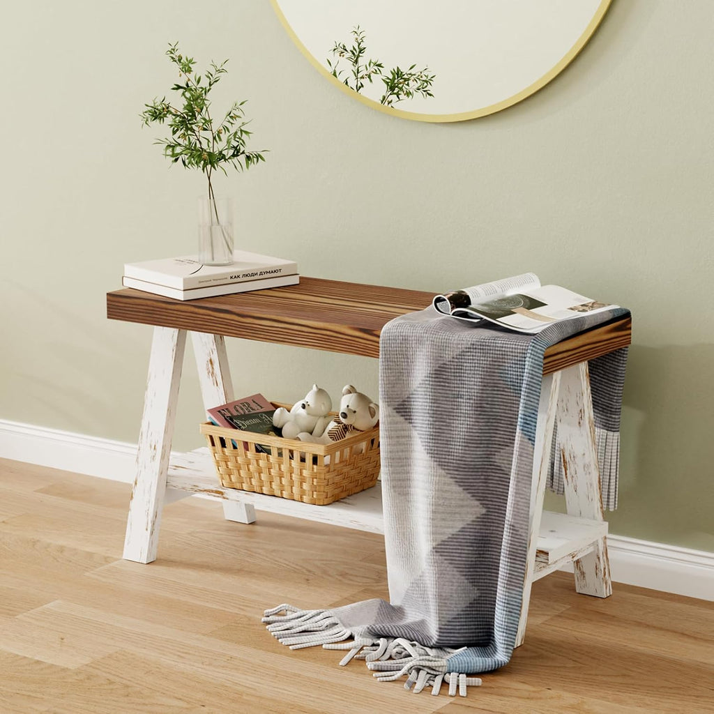 30" Farmhouse Bench, End of Bed Bench,Solid Wood Entryway Bench, Indoor Bench, Rustic Wood Bench Seat for Indoor,Entryway, Dining Room, Living Room, Hallway, end Bed and Front Door White