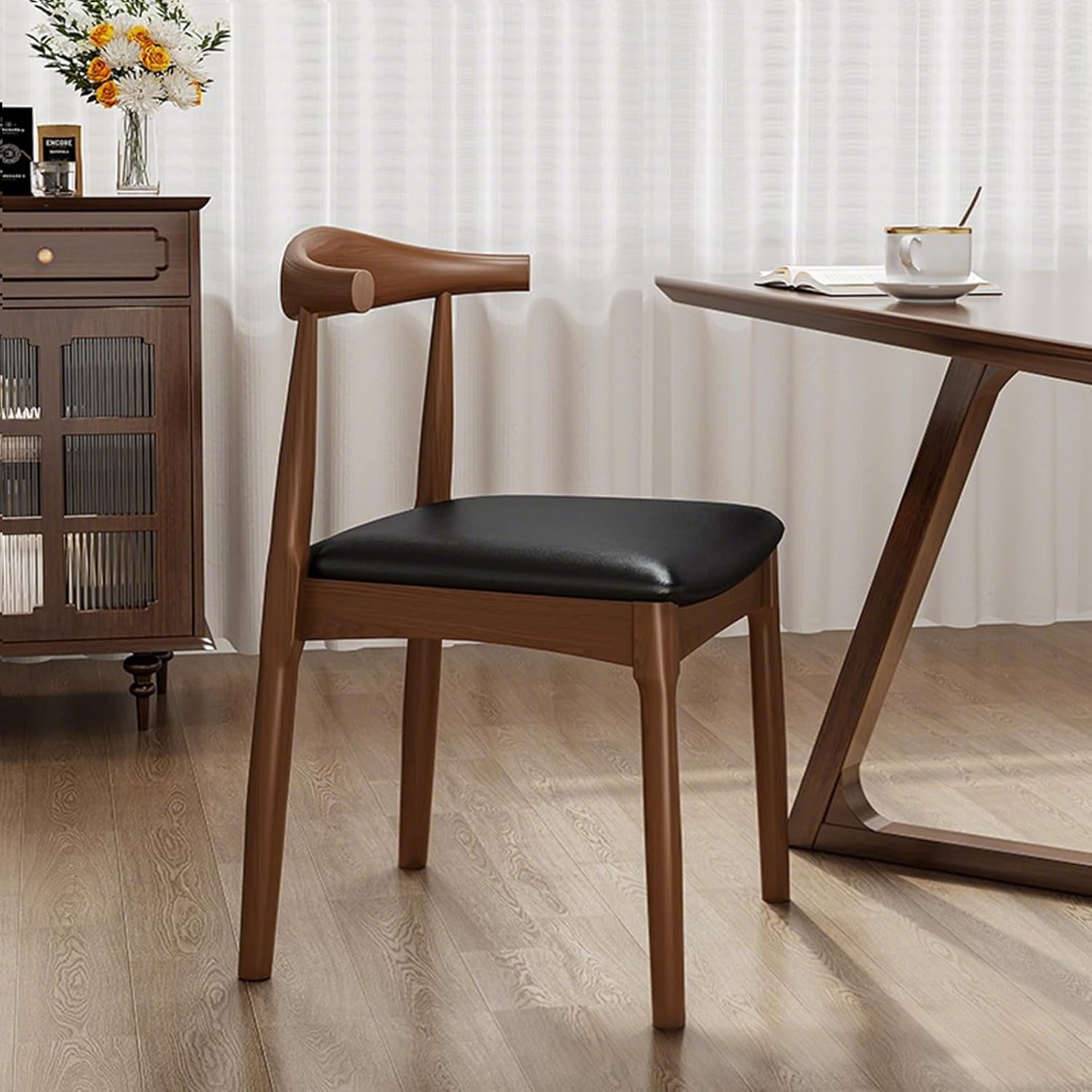 Solid Wood Dining Chair with Walnut Finish Set of 2 Mid Century Modern Upholstered PU Leather Dining Chairs with Curved Backrest for Dining Room, Kitchen, Study Room, Walnut Color