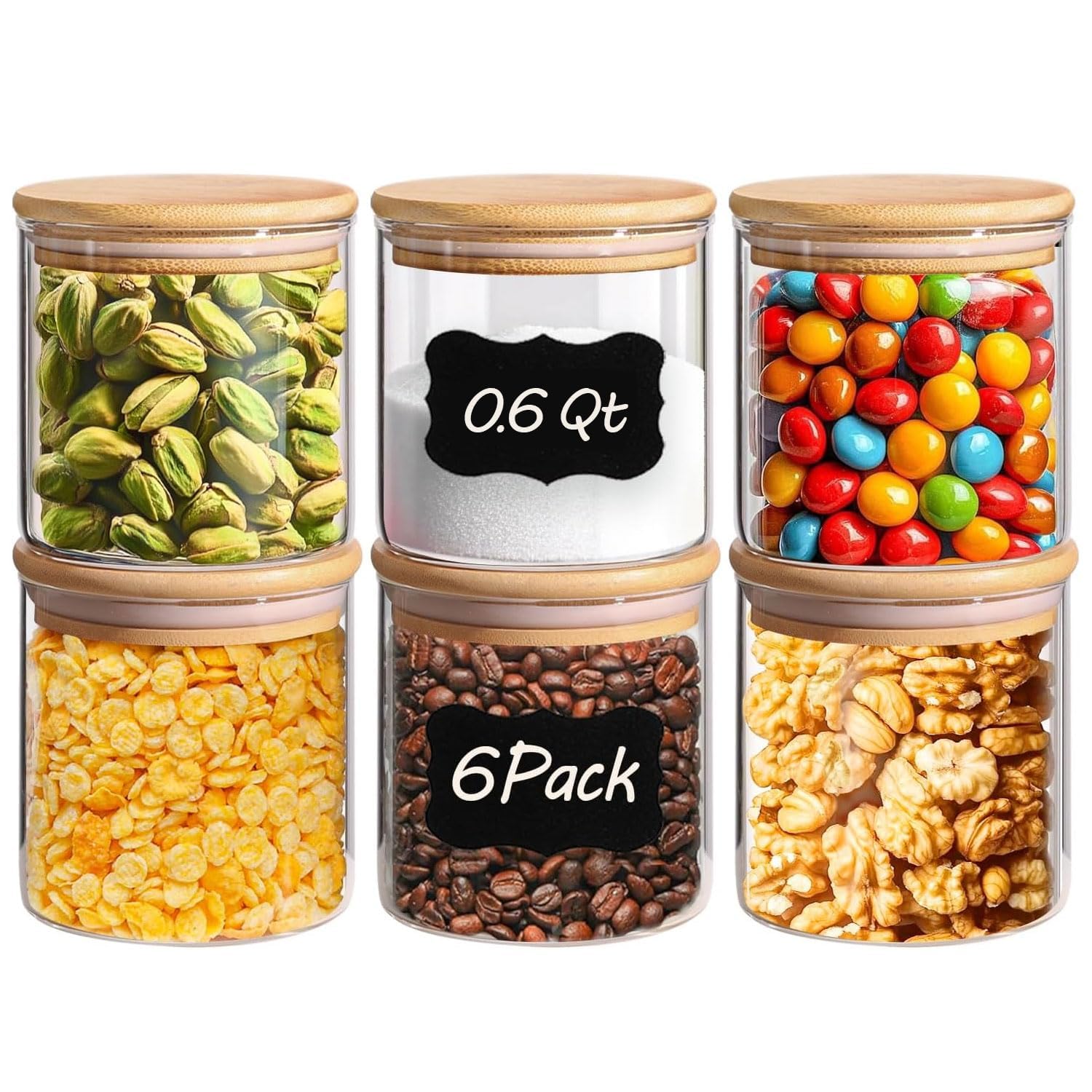 ComSaf Glass Food Storage Jars Set of 6, Tall Glass Storage Containers with Lids, Spaghetti Jar, Canisters Set for the kitchen, Pasta, Flour, Nuts, Oat, Coffee and Sugar Container, Pantry Organization