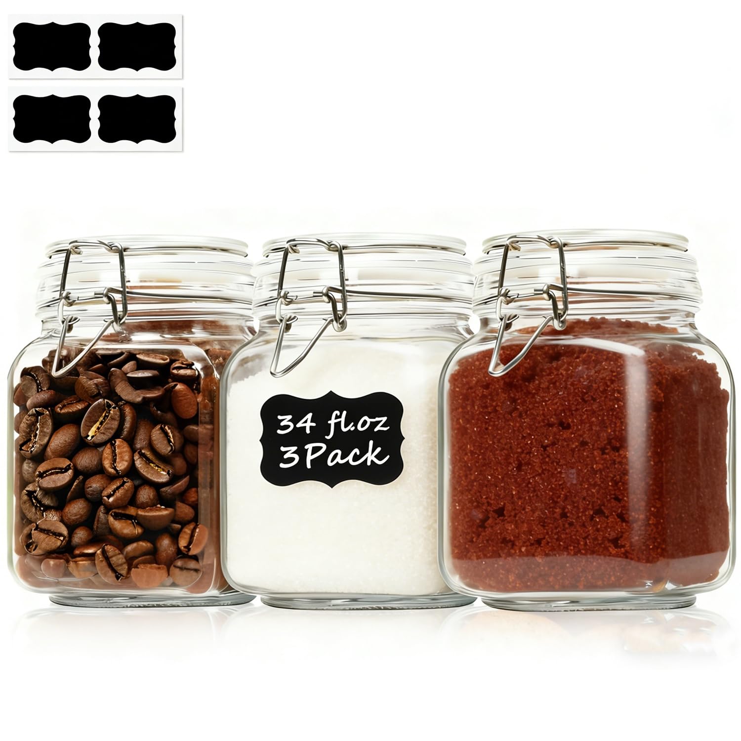 ComSaf 3-Pack 78oz Large Square Airtight Glass Jars for Bulk Food, Holds a 4lb Bag of Sugar or 5lb of Rice, Wide Mouth Canister for Flour, Coffee & Pantry Organization