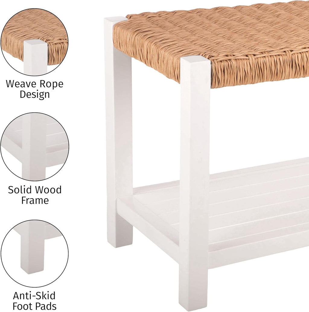 Alaterre Furniture Bench with Handcrafted Woven Rope Seat - Newport Collection 40-Inch Wood Bench with Storage Shelf for Entryway or Hallway - Indoor Furniture (White)
