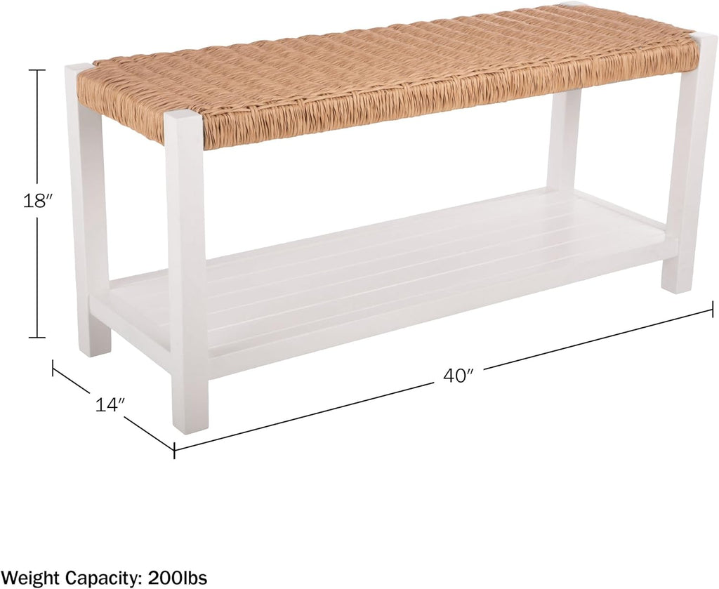 Alaterre Furniture Bench with Handcrafted Woven Rope Seat - Newport Collection 40-Inch Wood Bench with Storage Shelf for Entryway or Hallway - Indoor Furniture (White)