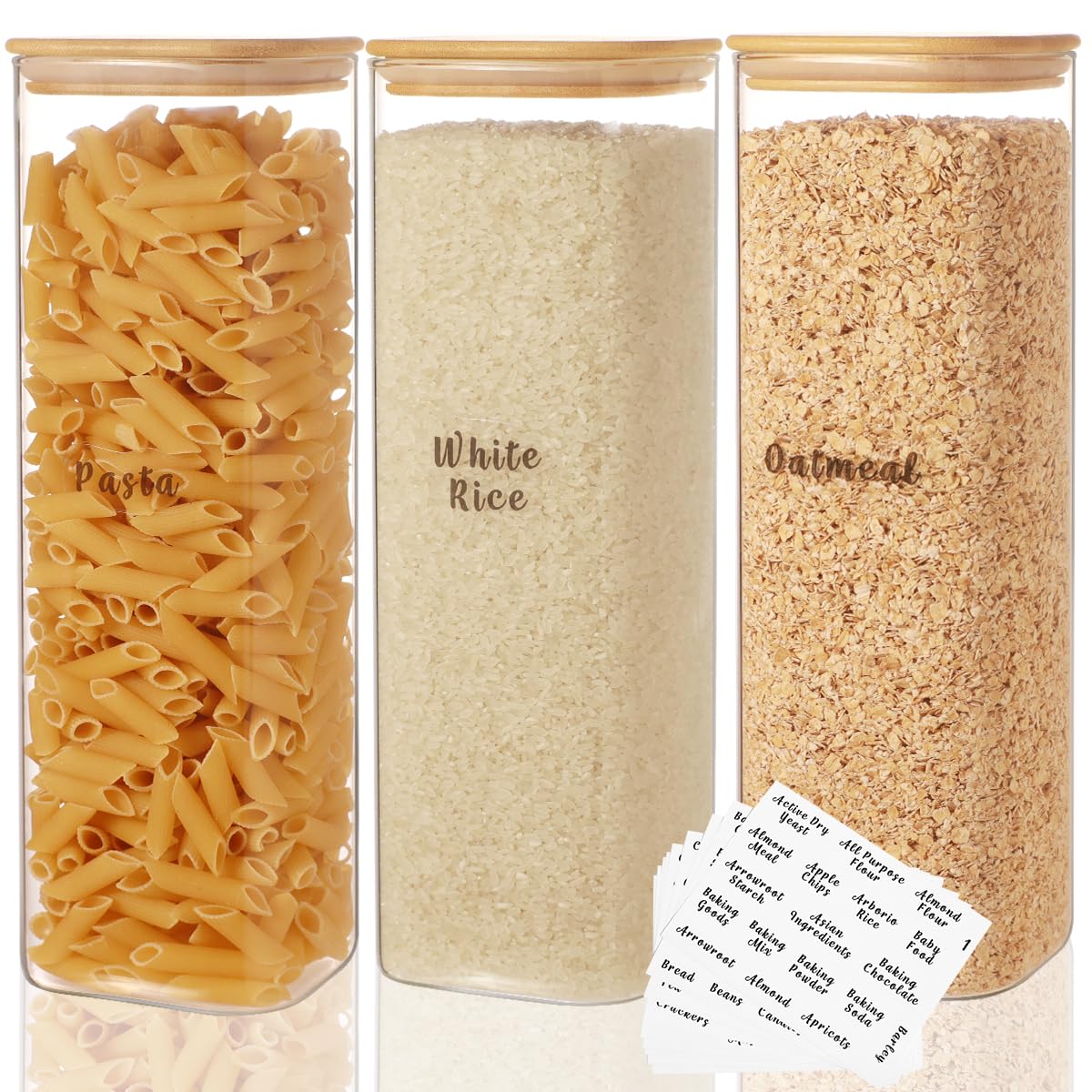 6 Pcs Square Glass Pantry Storage Containers with Bamboo Airtight Lid and 248 Clear Pantry Labels Preprinted - 37oz Thicken Glass Food Storage Jars for Coffee, Cookie, Tea, Sugar, Spice