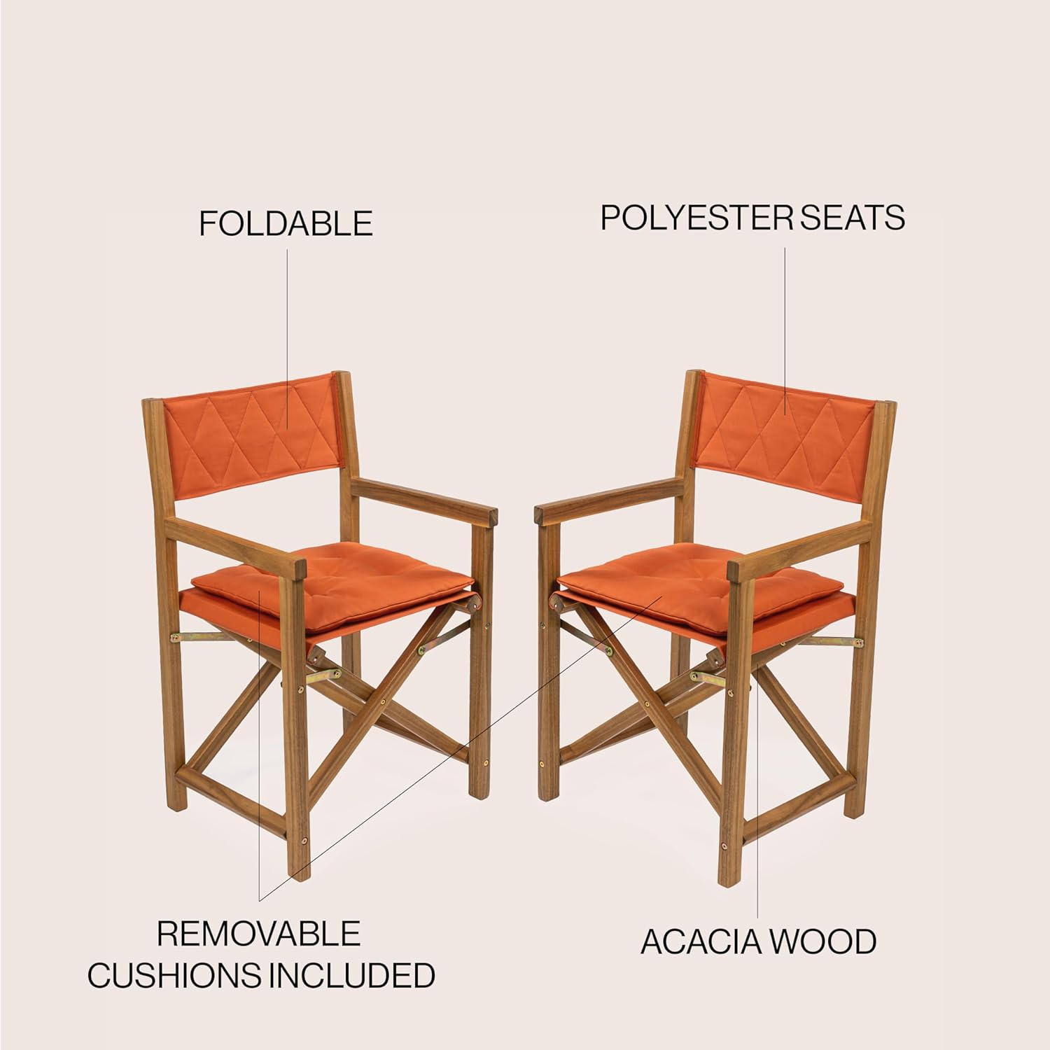 JONATHAN Y DRC1002B-SET2 Waldo Classic Mid-Century Outdoor Acacia Wood Foldable Diamond-Quilted Back Director Chair with Cushion Modern, Vintage, Bohemian, Coastal, Orange/Teak Brown (Set of 2)