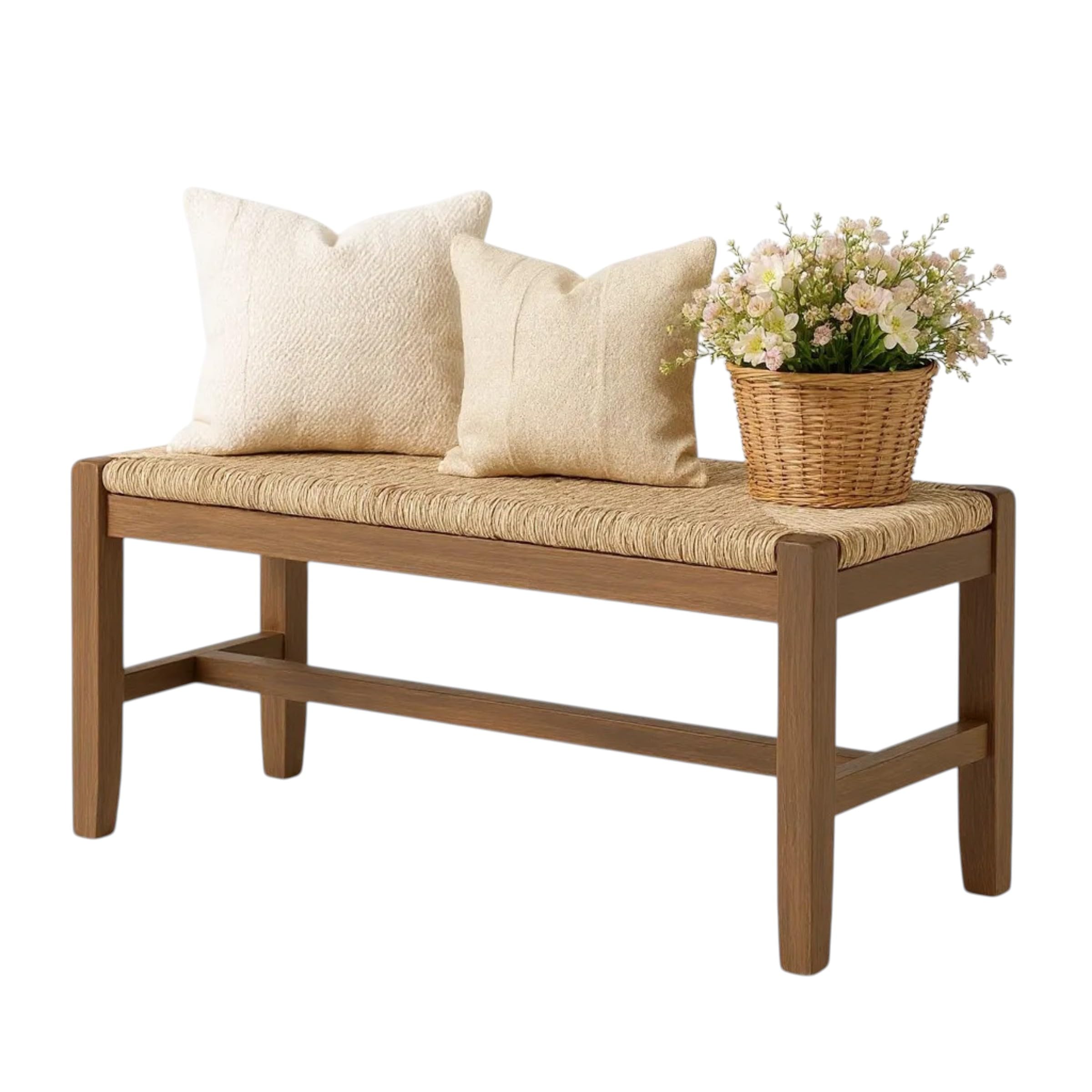 Alaterre Furniture Bench with Handcrafted Woven Rope Seat - Newport Collection 40-Inch Wood Bench with Storage Shelf for Entryway or Hallway - Indoor Furniture (White)