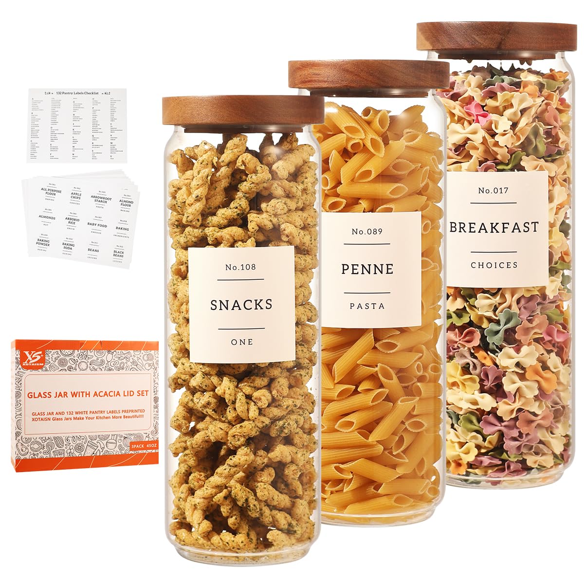 6 Pack Glass Canisters with Airtight Acacia Lids and 132 Kitchen Pantey Labels Preprint - 24 Fl Oz Borosilicate Glass Pantry Storage Jars Containers with Wooden Lids for Tea,Sugar,Cookie,Coffee,Candy